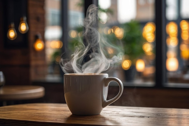 Steaming Coffee Cup on Wooden Table