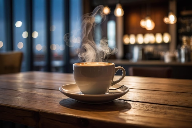 Steaming Coffee Cup on Wooden Table