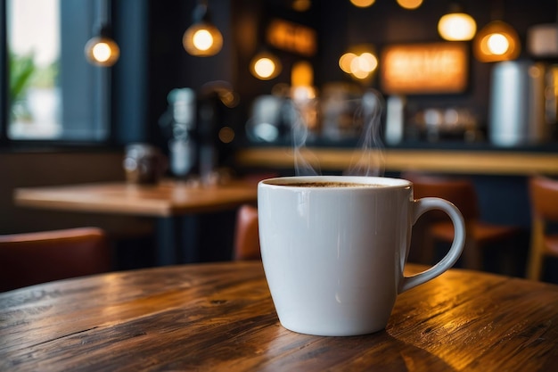 Steaming Coffee Cup on Wooden Table