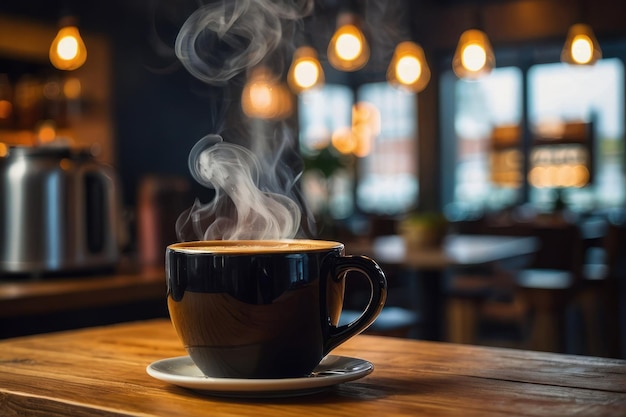 Steaming Coffee Cup on Wooden Table