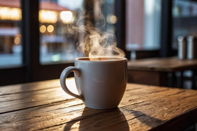 Steaming Coffee Cup on Wooden Table