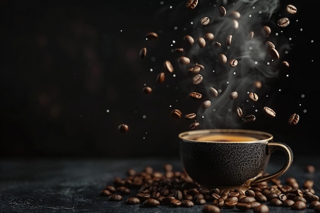 Steaming Coffee in a Dark Cup with Floating Coffee Beans Capturing the Aroma Magic and Delight