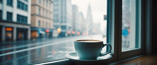 Photo steaming cup of coffee on a rainy windowsill evoking urban tranquility