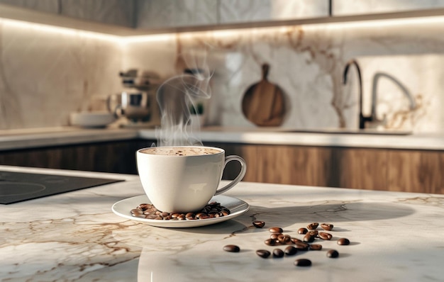 A steaming cup of coffee sits on a sunlit kitchen counter with scattered beans and a bowl in the background evoking a cozy morning vibe