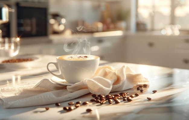 A steaming cup of coffee sits on a sunlit kitchen counter with scattered beans and a bowl in the background evoking a cozy morning vibe