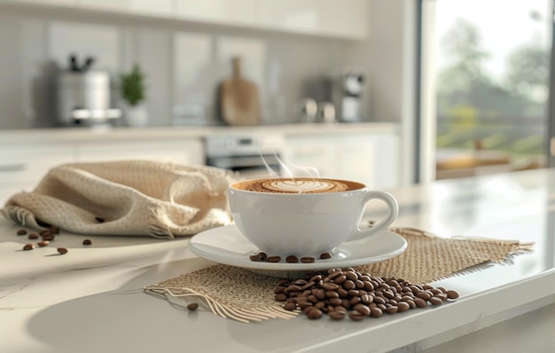 A steaming cup of coffee sits on a white marble countertop surrounded by roasted beans in a modern kitchen setting with soft lighting