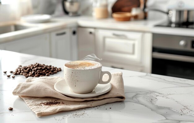 A steaming cup of coffee sits on a white marble countertop surrounded by roasted beans in a modern kitchen setting with soft lighting