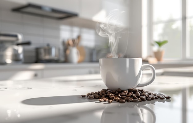 A steaming cup of coffee sits on a white marble countertop surrounded by roasted beans in a modern kitchen setting with soft lighting