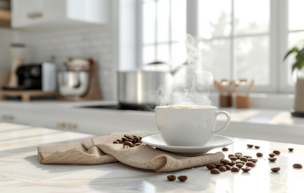 A steaming cup of coffee sits on a white marble countertop surrounded by roasted beans in a modern kitchen setting with soft lighting