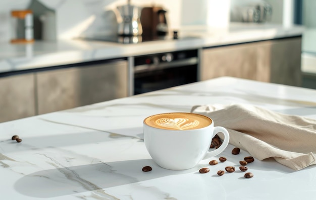 A steaming cup of coffee sits on a white marble countertop surrounded by roasted beans in a modern kitchen setting with soft lighting