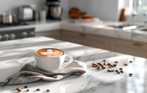 A steaming cup of coffee sits on a white marble countertop surrounded by roasted beans in a modern kitchen setting with soft lighting