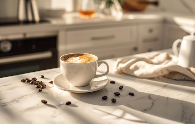 A steaming cup of coffee sits on a white marble countertop surrounded by roasted beans in a modern kitchen setting with soft lighting