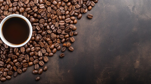 Steaming cup of coffee surrounded by aromatic roasted beans on a rustic wooden backdrop