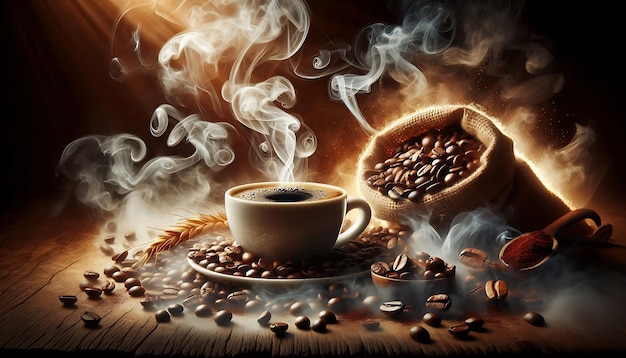 steaming cup of coffee surrounded by coffee beans with a Turkish coffee pot in the background