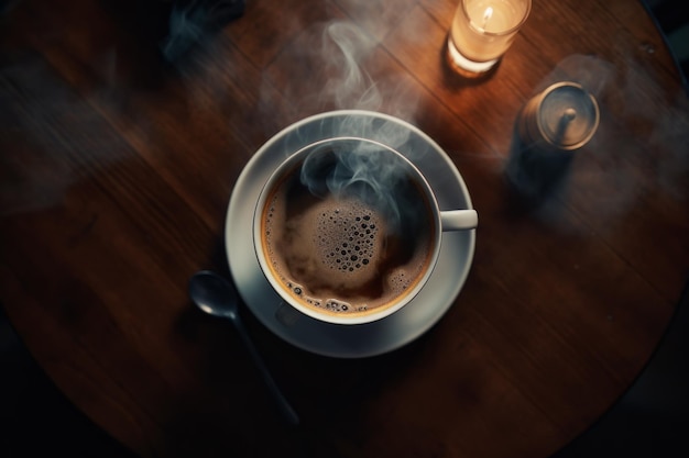 A steaming cup of coffee on a table Warm comforting and energizing Perfect for coffee lovers and caffeine addicts Ai generative