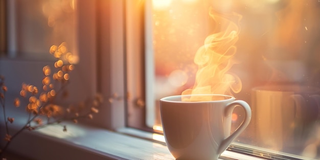 Steaming Cup of Coffee on a Window Sill Embracing the Tranquility of Morning Moments