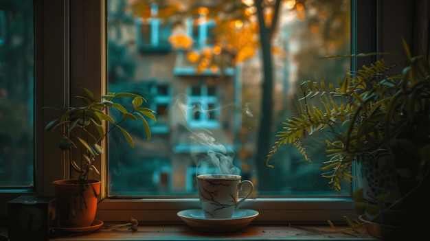 Photo a steaming cup of coffee on a windowsill with potted plants overlooking a cityscape at dusk