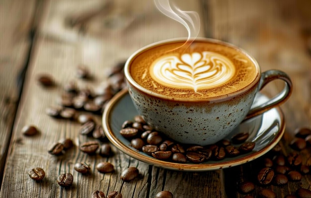 Steaming cup of coffee with artistic latte foam art on a rustic wooden table coffee beans scattered alongside