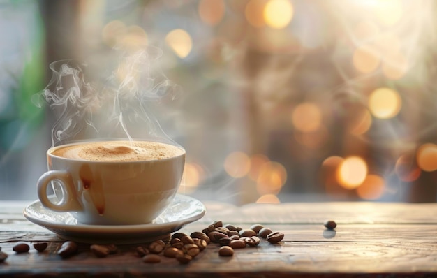 Steaming cup of coffee with artistic latte foam art on a rustic wooden table coffee beans scattered alongside