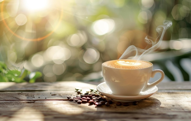 Steaming cup of coffee with artistic latte foam art on a rustic wooden table coffee beans scattered alongside