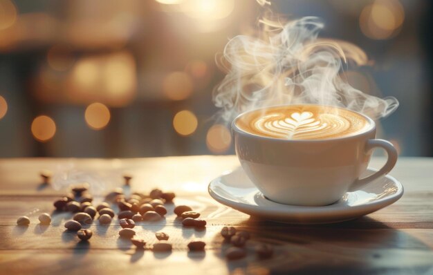 Steaming cup of coffee with artistic latte foam art on a rustic wooden table coffee beans scattered alongside