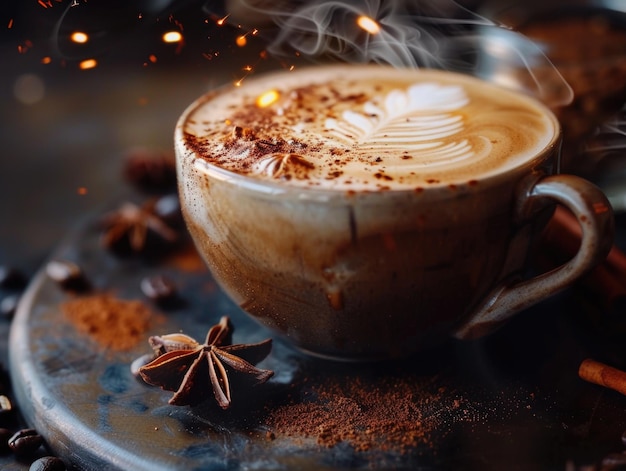 A steaming cup of coffee with cinnamon and star anise on a plate perfect for morning or afternoon pickmeup