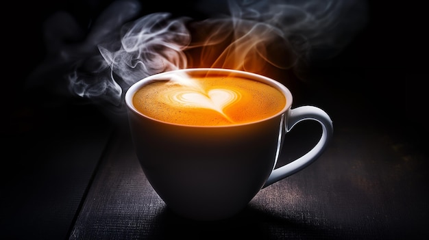 Photo a steaming cup of coffee with a heartshaped design in the foam on a dark wooden background