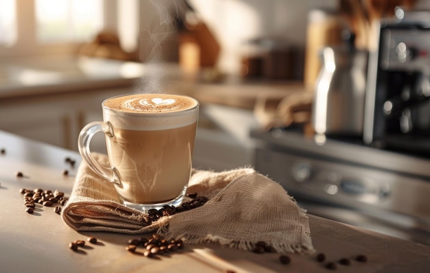 A steaming cup of coffee with latte art on a saucer decorated with coffee beans on a rustic wooden table in a cozy kitchen setting