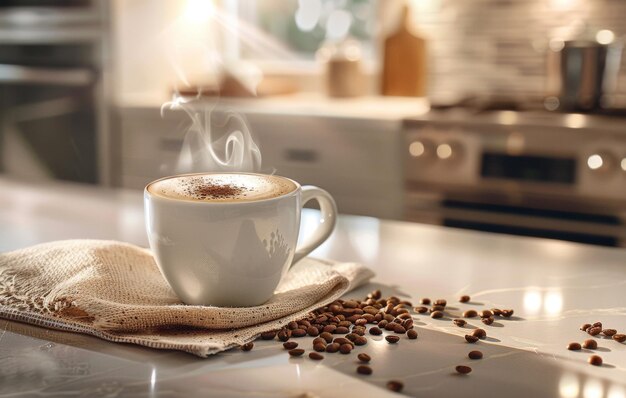 A steaming cup of coffee with latte art on a saucer decorated with coffee beans on a rustic wooden table in a cozy kitchen setting