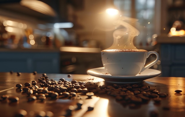 A steaming cup of coffee with latte art on a saucer decorated with coffee beans on a rustic wooden table in a cozy kitchen setting