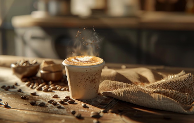 A steaming cup of coffee with latte art on a saucer decorated with coffee beans on a rustic wooden table in a cozy kitchen setting