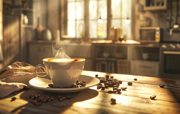 A steaming cup of coffee with latte art on a saucer decorated with coffee beans on a rustic wooden table in a cozy kitchen setting