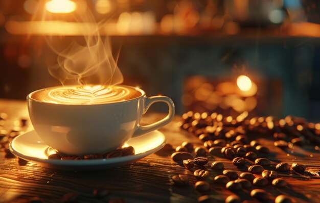 A steaming cup of coffee with latte art on a saucer decorated with coffee beans on a rustic wooden table in a cozy kitchen setting