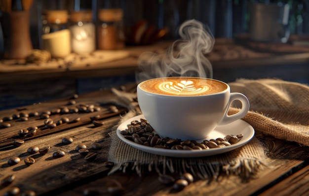 A steaming cup of coffee with latte art on a saucer decorated with coffee beans on a rustic wooden table in a cozy kitchen setting