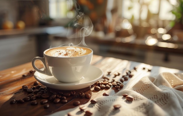 A steaming cup of coffee with latte art on a saucer decorated with coffee beans on a rustic wooden table in a cozy kitchen setting