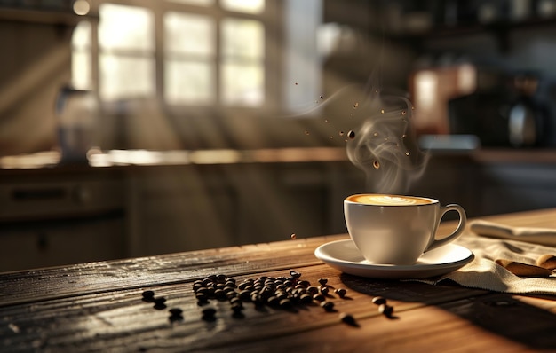 A steaming cup of coffee with latte art on a saucer decorated with coffee beans on a rustic wooden table in a cozy kitchen setting