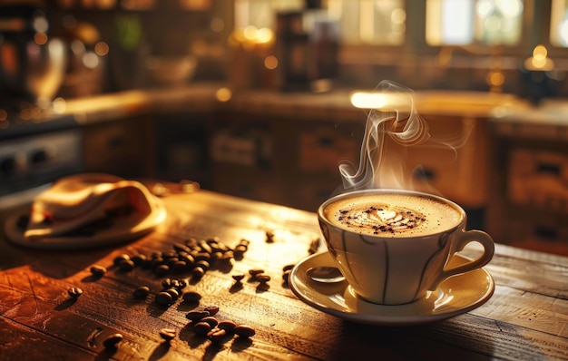 A steaming cup of coffee with latte art on a saucer decorated with coffee beans on a rustic wooden table in a cozy kitchen setting