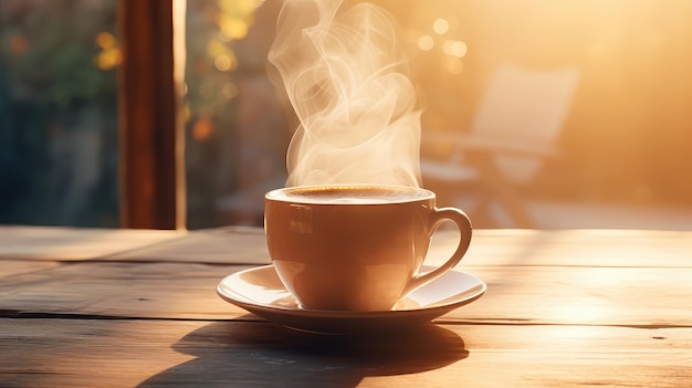 A steaming cup of coffee on a wooden table ultra realistic