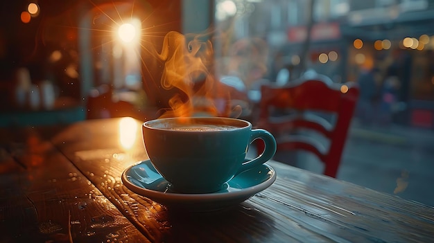 Steaming Cup of Coffee on Wooden Table with City View Illustration