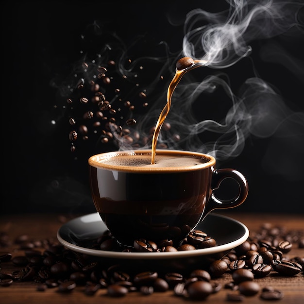 A steaming cup of freshly brewed coffee its dark liquid swirling around coffee seed