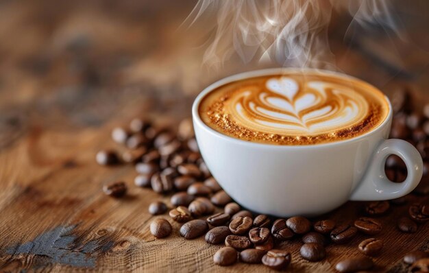 A steaming cup of latte art coffee resting on a wooden surface surrounded by coffee beans and burlap evoking a warm cozy atmosphere