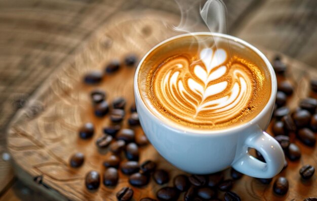 A steaming cup of latte art coffee resting on a wooden surface surrounded by coffee beans and burlap evoking a warm cozy atmosphere