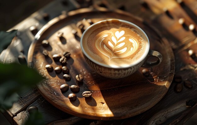 A steaming cup of latte art coffee resting on a wooden surface surrounded by coffee beans and burlap evoking a warm cozy atmosphere