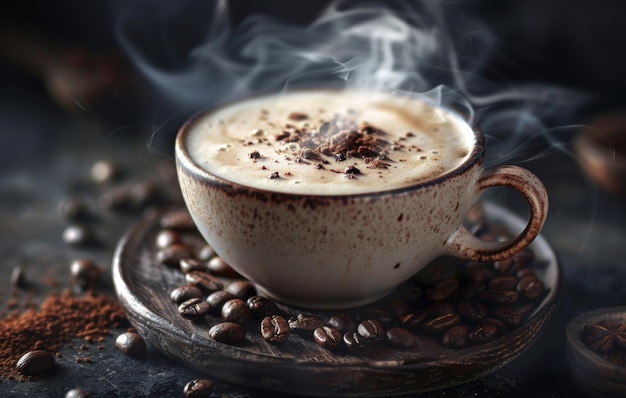 A steaming cup of latte art coffee resting on a wooden surface surrounded by coffee beans and burlap evoking a warm cozy atmosphere