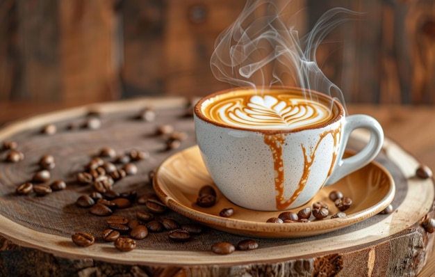 A steaming cup of latte art coffee resting on a wooden surface surrounded by coffee beans and burlap evoking a warm cozy atmosphere