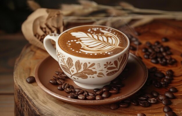 A steaming cup of latte art coffee resting on a wooden surface surrounded by coffee beans and burlap evoking a warm cozy atmosphere