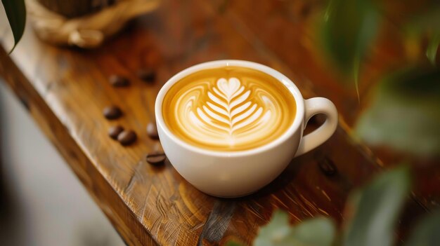 A steaming cup of latte art sits on a wooden table