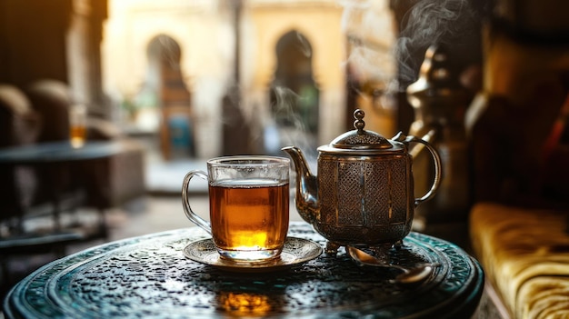 A steaming cup of tea in a cozy cafe setting