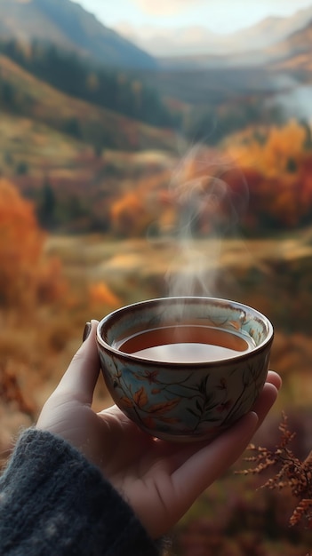 Photo a steaming cup of tea held in hand against a backdrop of autumn foliage in a serene landscape during golden hour