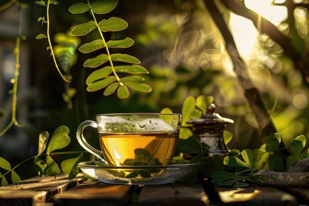 A steaming cup of tea resting on a wooden table surrounded by lush greenery